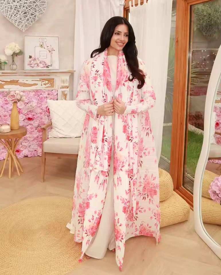 Robe Rose Plissée à Col Revers et Manches Longues