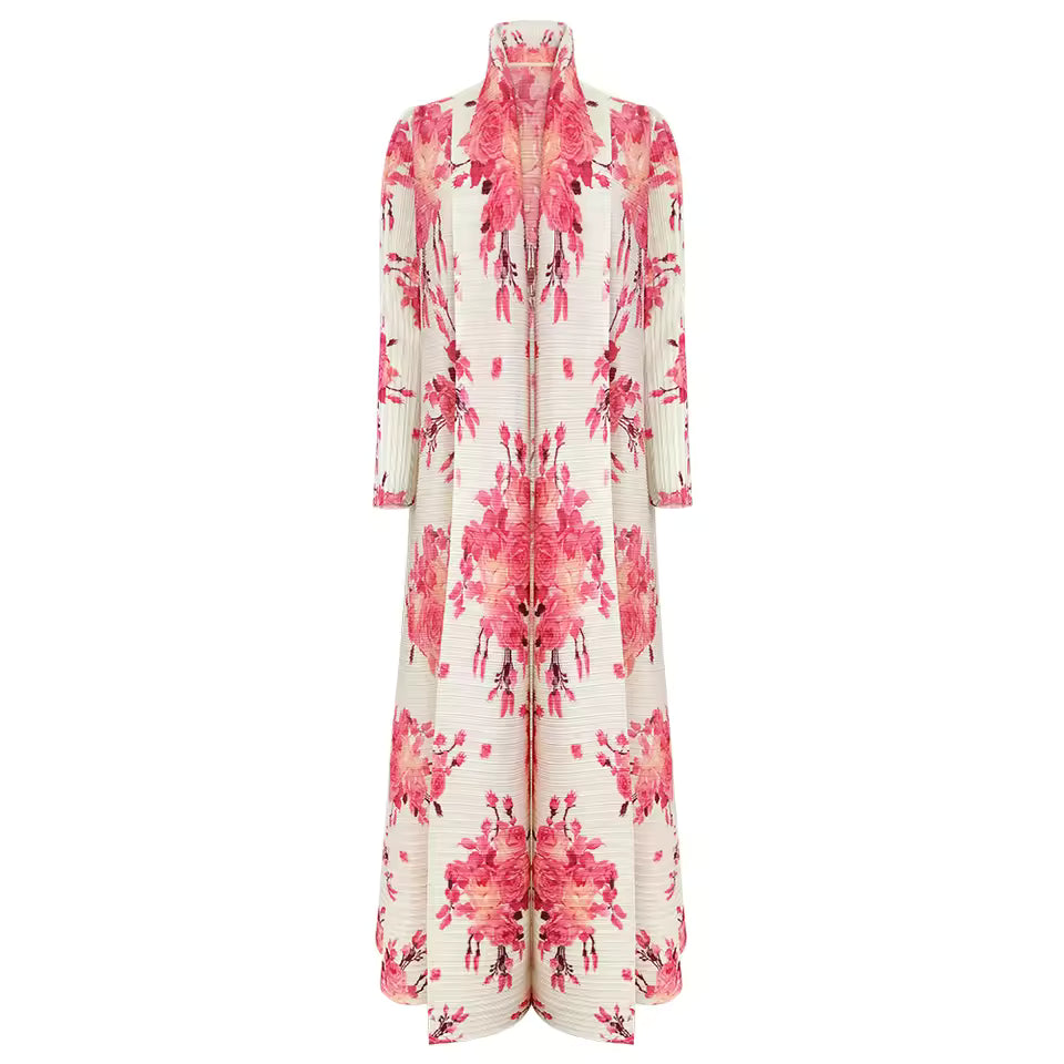 Robe Rose Plissée à Col Revers et Manches Longues